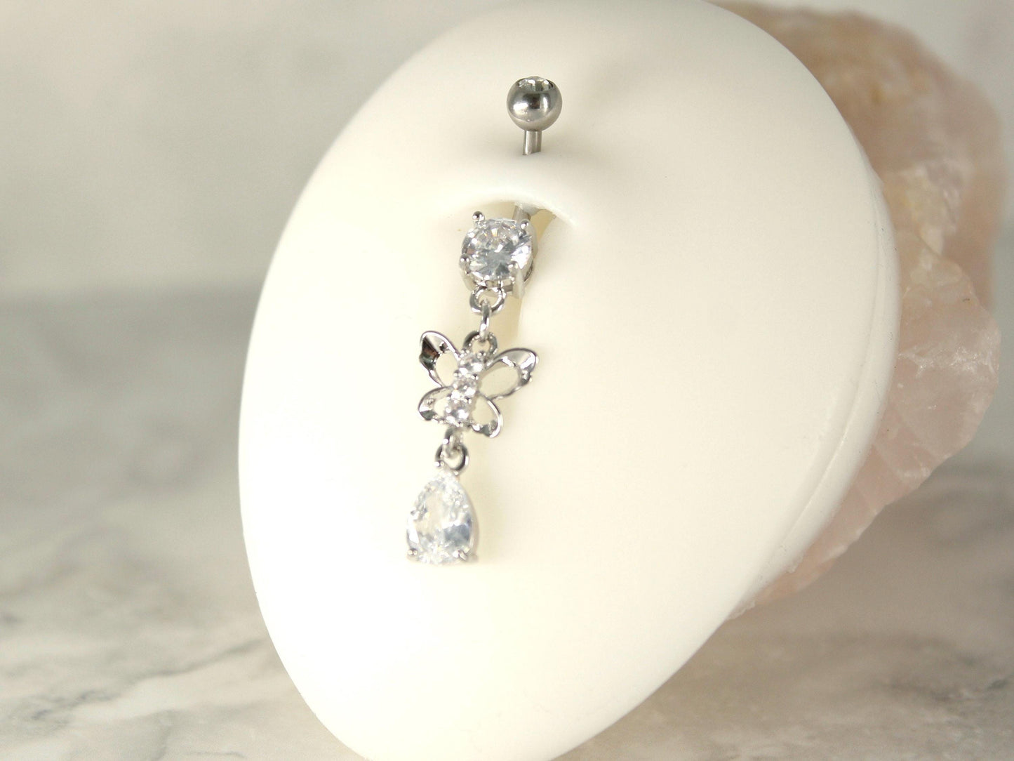 Butterfly Dangling Belly Ring, Teardrop Sparkle Dangling Belly Button Ring Piercing, Navel Piercing Ring Body Jewelry, Gold Belly Jewelry