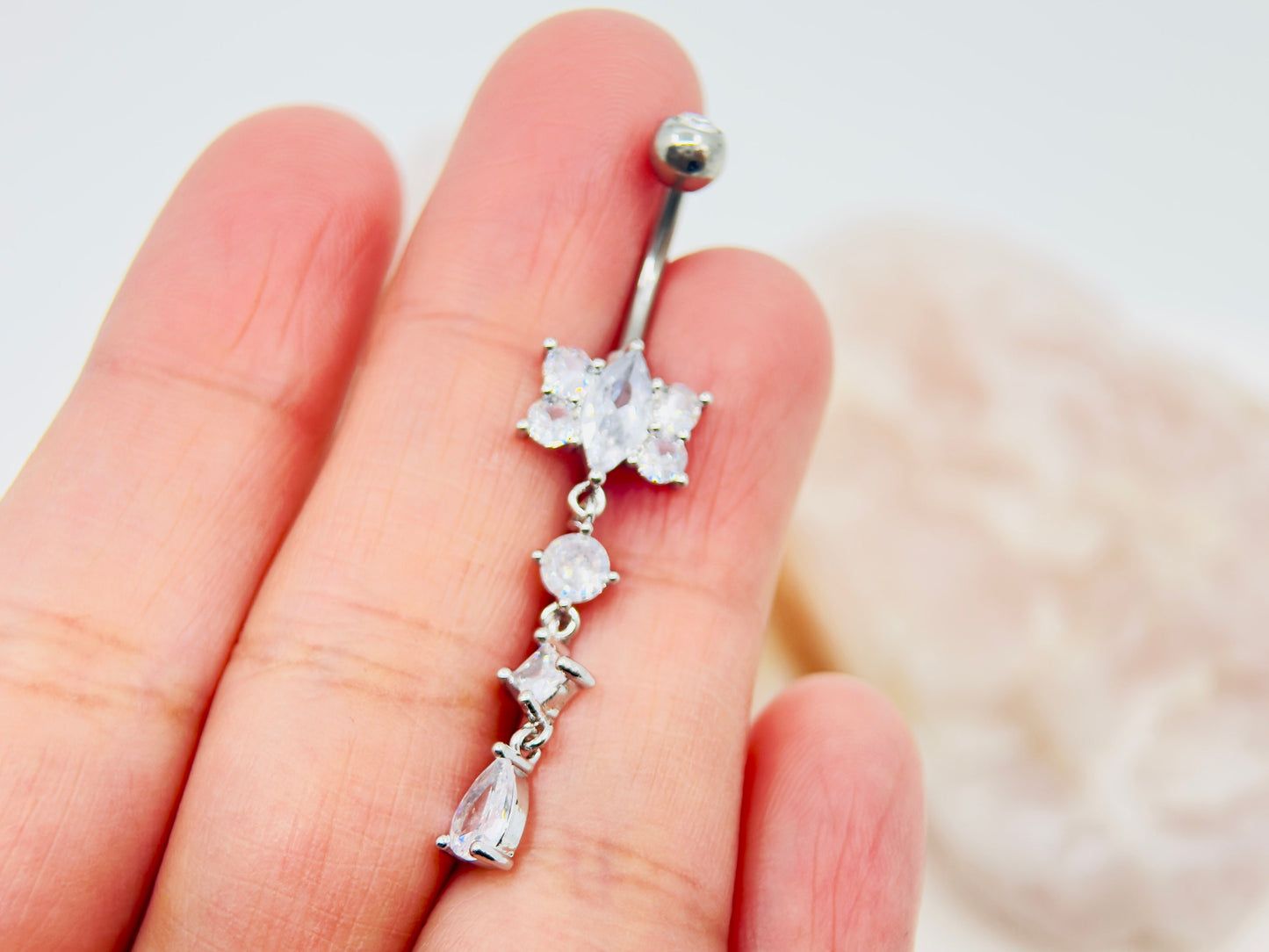14G Silver CZ Floral Dangling Belly Button Ring