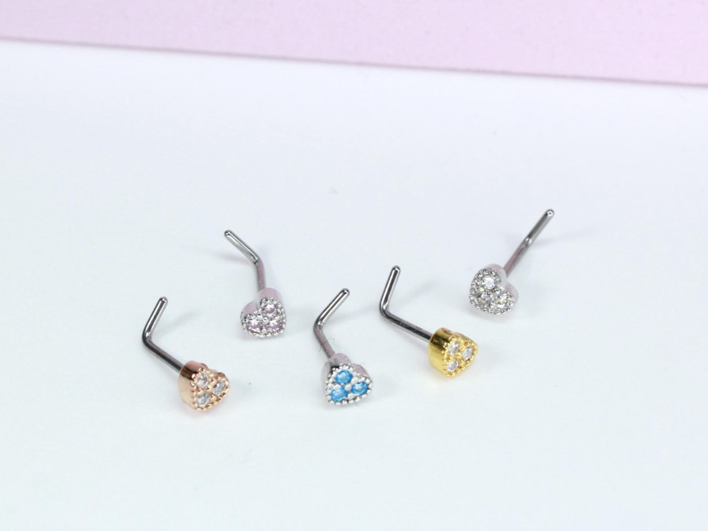 Dainty Gold Heart Nose Stud, 20G CZ Heart Top L Shape Nose Stud Jewelry, Cute Minimalistic Heart Charm Thin Nose Piercing Body Jewelry,