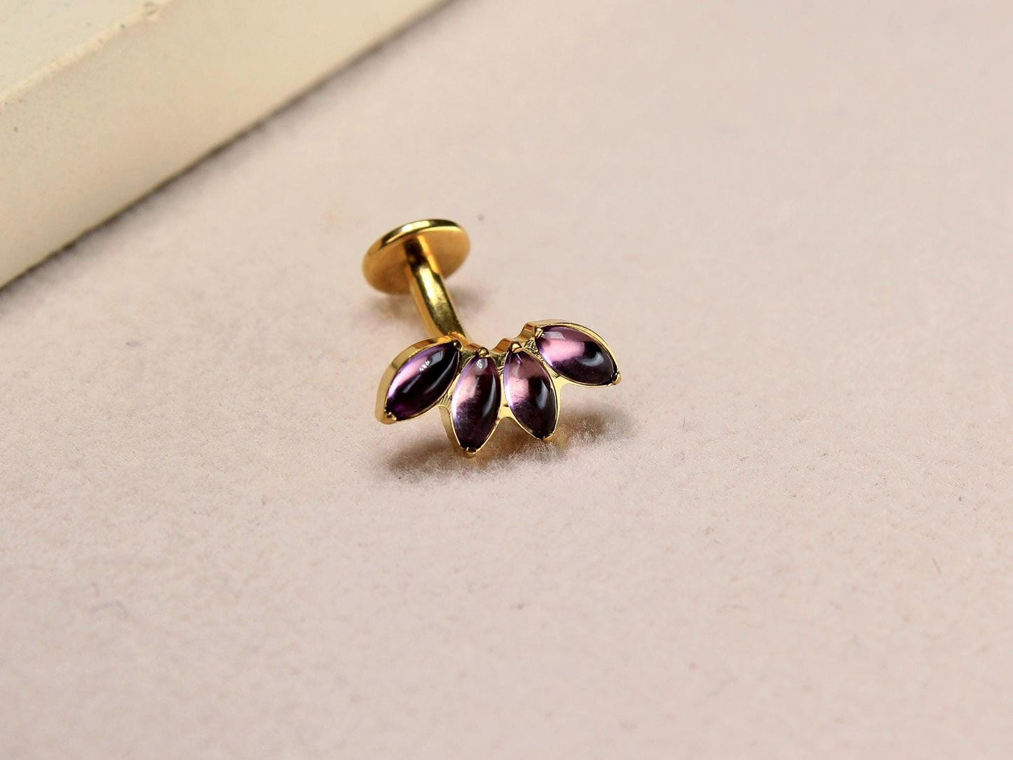 14G Titanium Belly Button Ring, Purple Stone Lotus Floral Threadless Push In Belly Ring Piercing, Floating Navel Ring Jewelry
