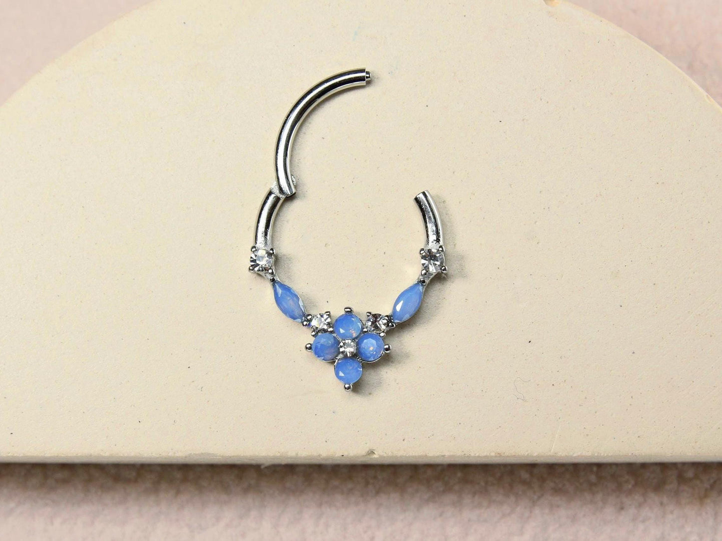 Blue Opal Septum Clicker Ring, 16G Dainty Floral Nose Septum Hinged Hoop Ring, Nose Piercing Septum Ring, Body Piercing Jewelry