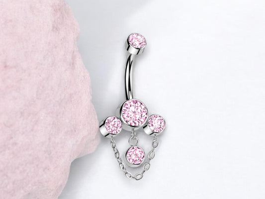 14g Dangle Chain Belly Ring, Dainty Pink Gem Chain Belly Ring, Implant Grade Titanium Navel Ring Body Piercing Jewelry