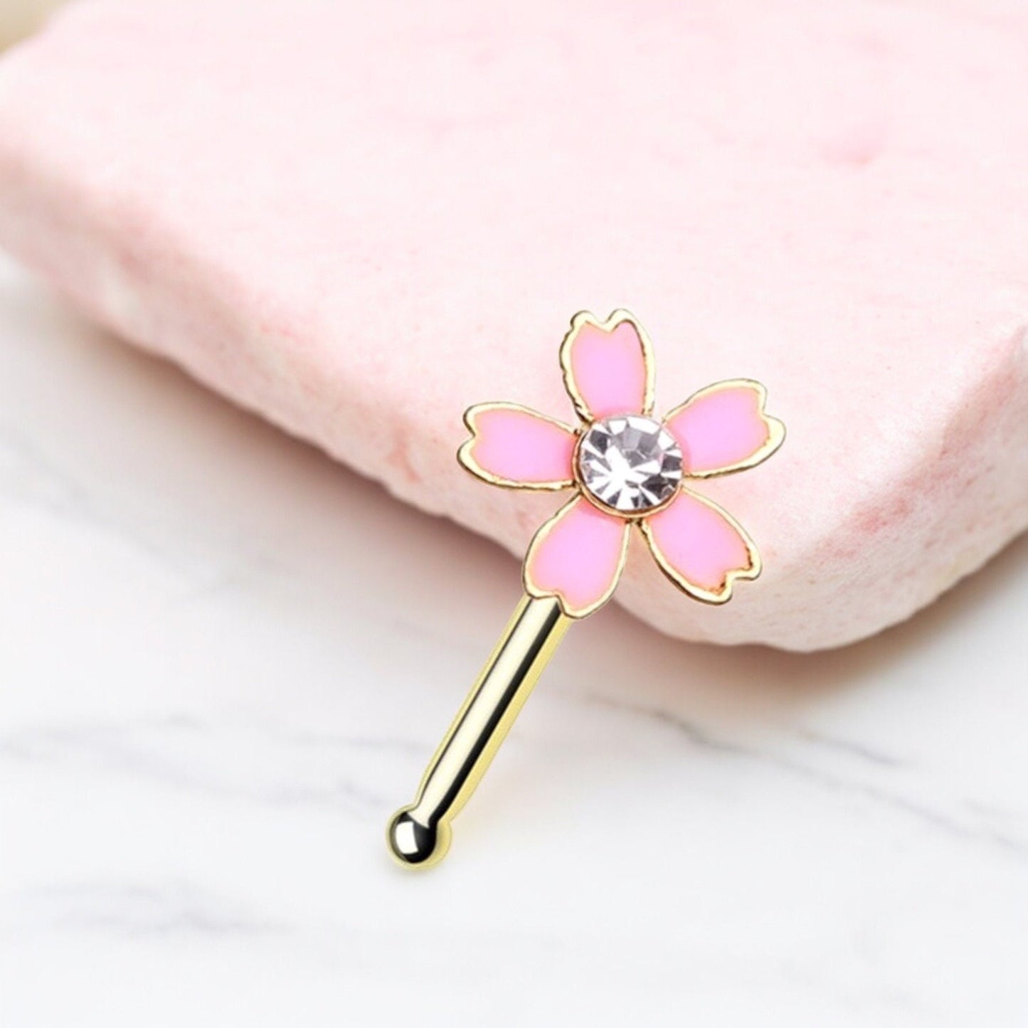 Flower Nose Stud, Pink Floral Decor Top Nose Piercing Stud Ring. Nose Bone Stud, 20g Thin Nose Ring