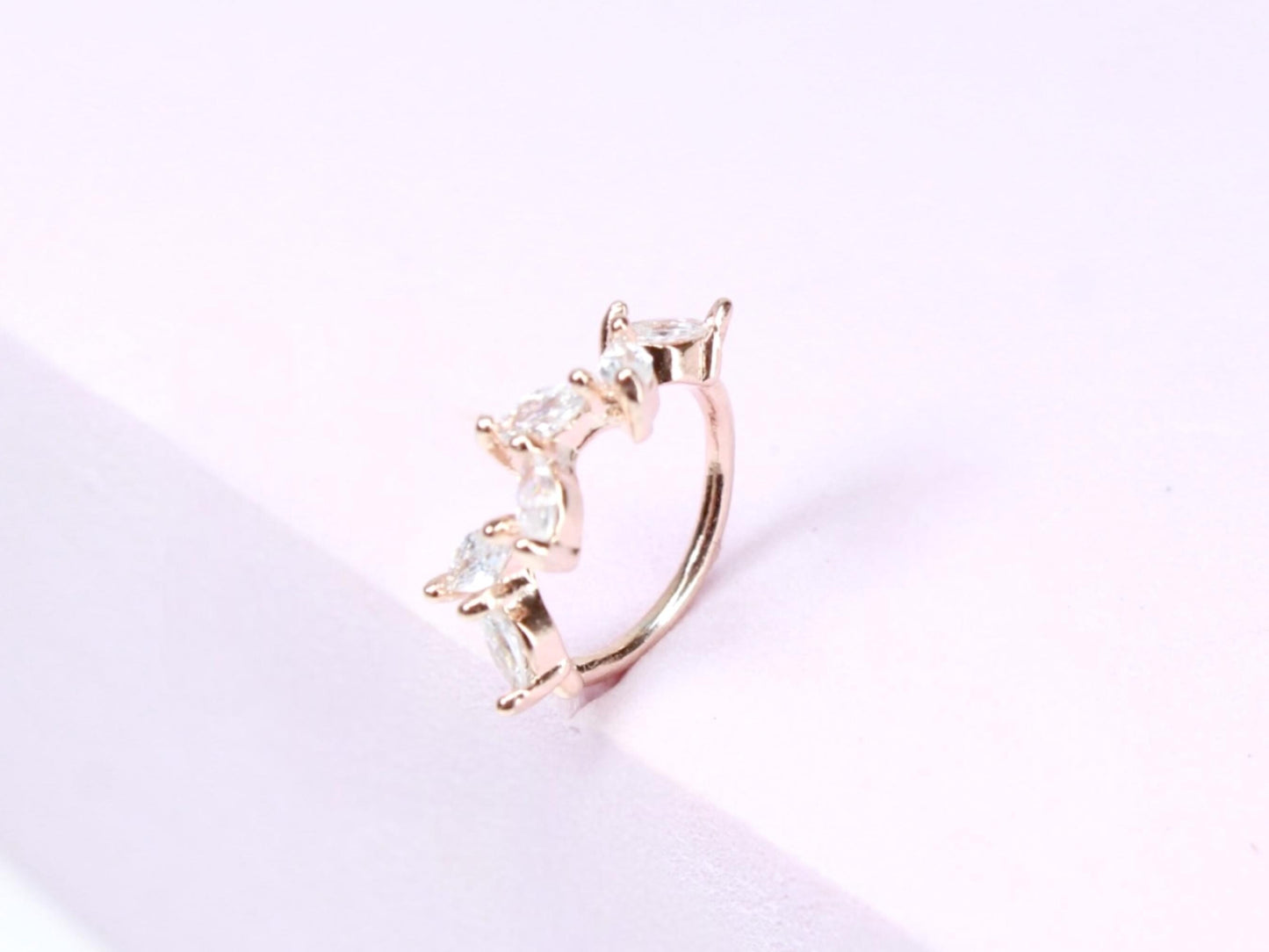 20G RoseGold Dainty Nose Ring Hoop. CZ Curvy Leaf Bendable Nose Ring. Nose Stud Piercing Jewelry. Cartilage Hoop Ring, Minimal Body Jewelry.