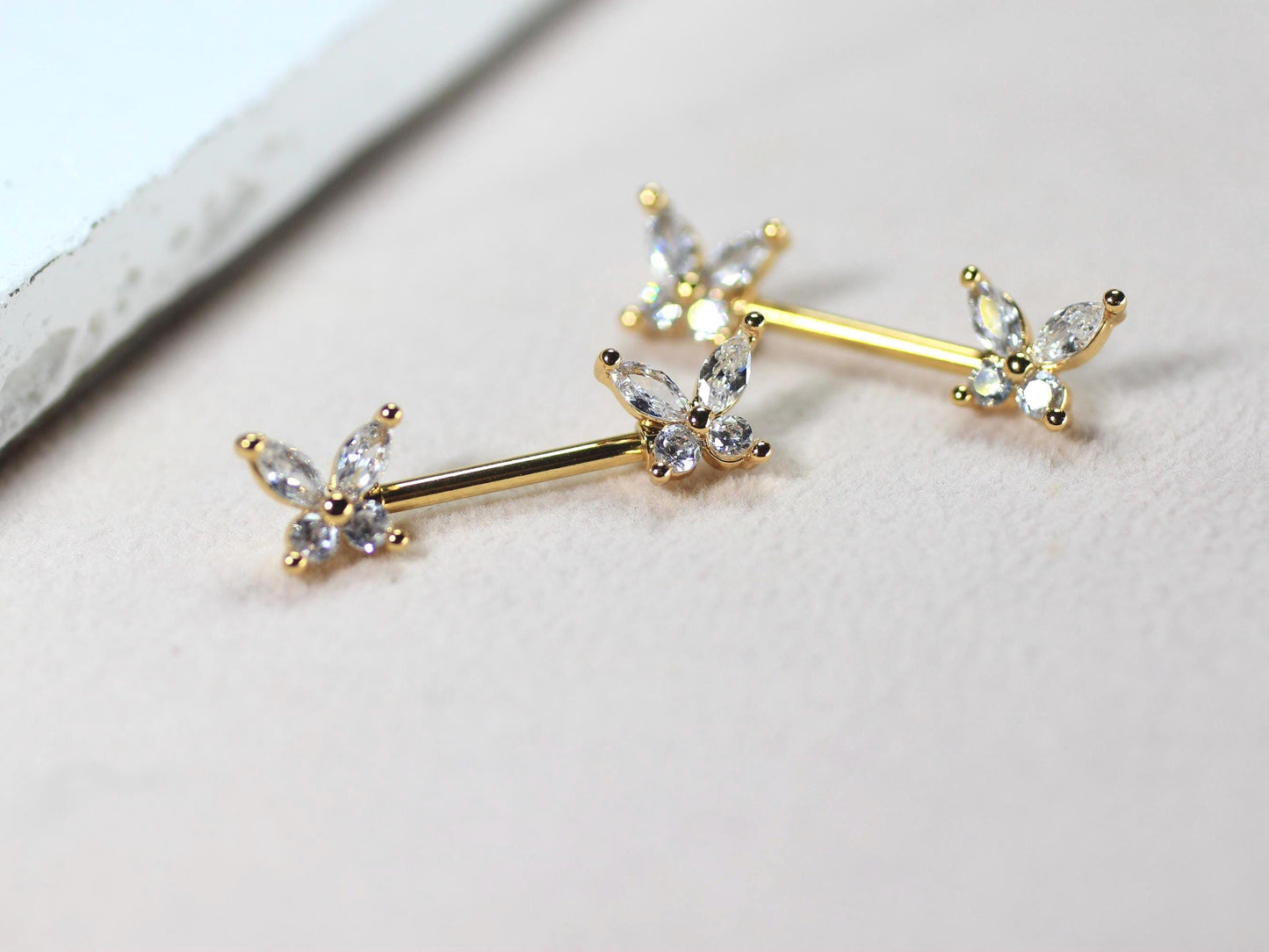 Gold Butterfly Nipple Ring, Marquise Gem Butterfly Nipple Piercing Barbell, 14g Gold Nipple Ring, Surgical Steel Body Jewelry
