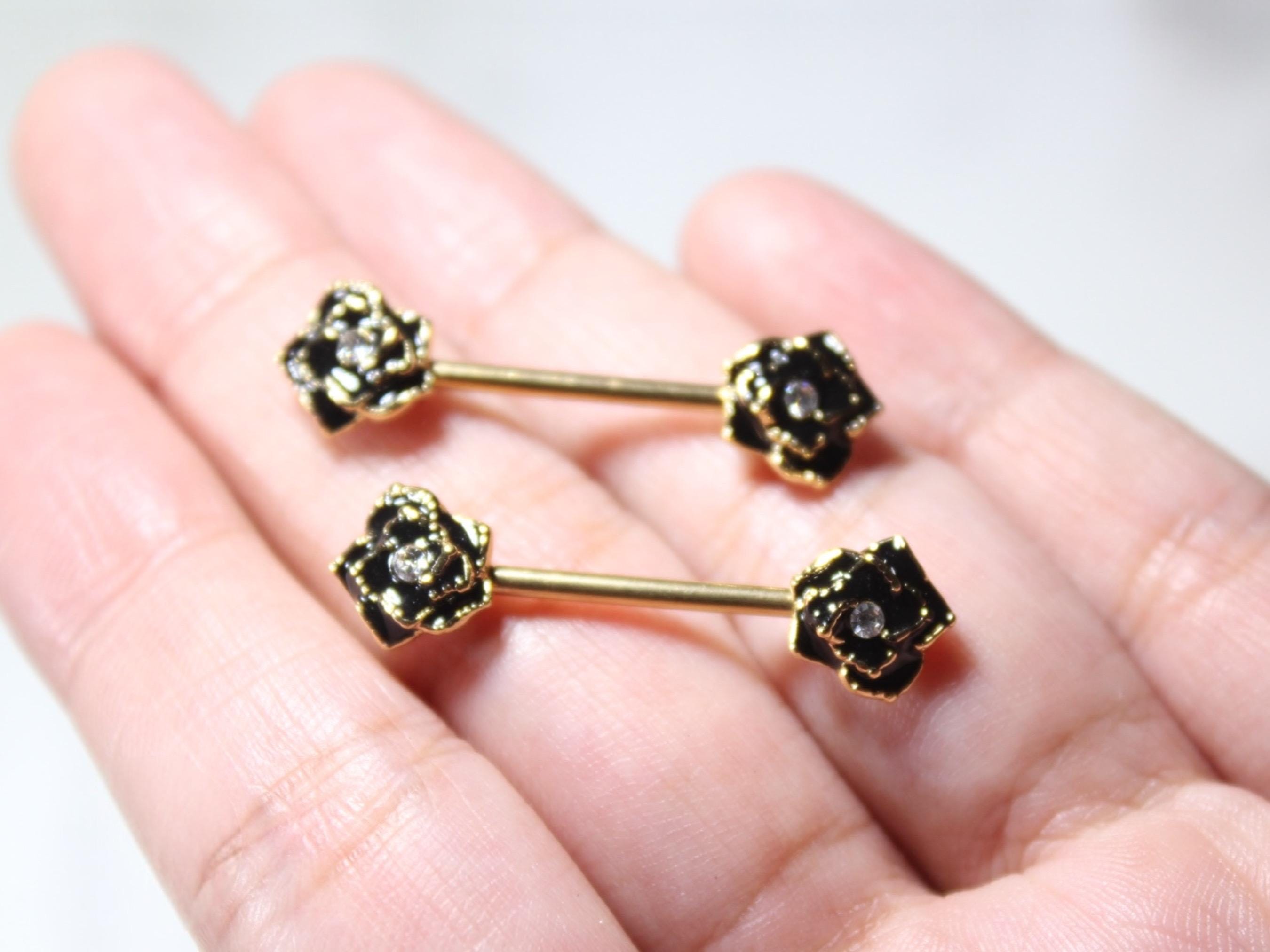 Black Rose Nipple Barbell Jewelry, 14g Rose Nipple Ring, Floral Nipple Piercing Jewelry, Personalized Body Jewelry