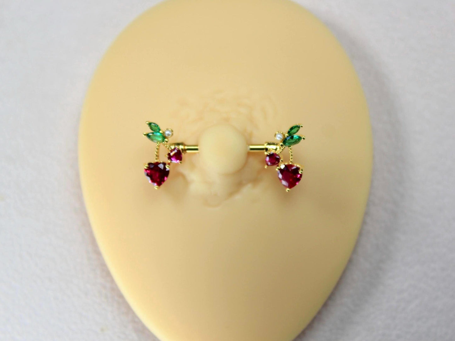 14g Gold Nipple Barbell, Cherry Heart Drop Charm Nipple Piercing, Body Jewelry