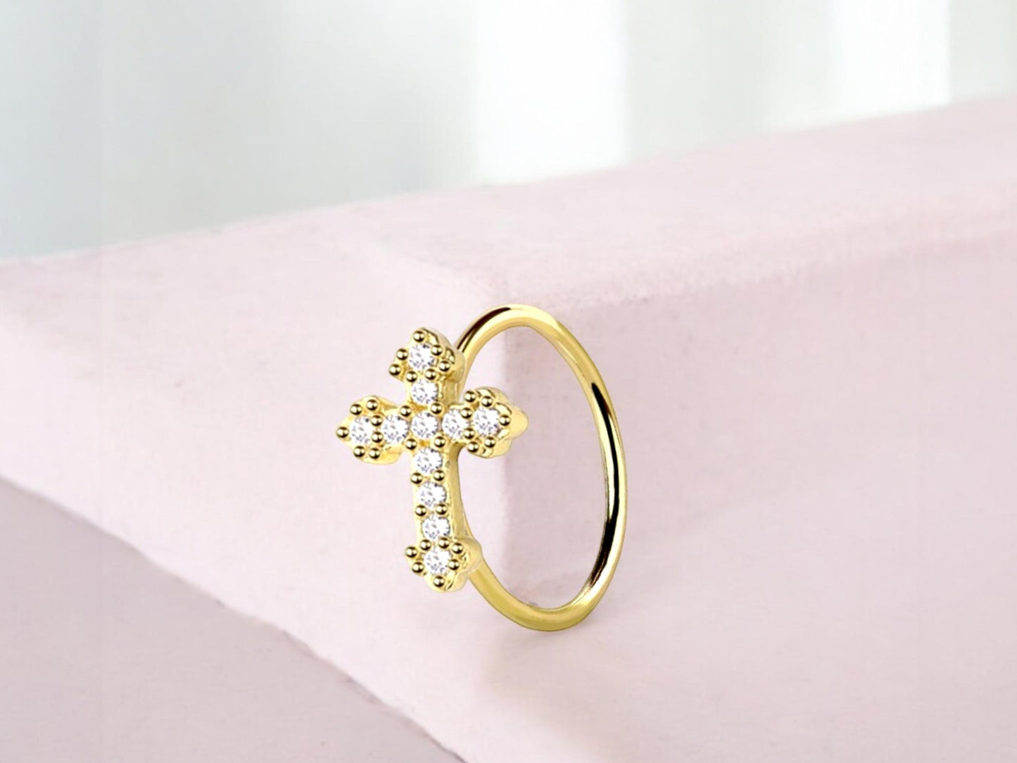 20g Gold Cross Nose Hoop Ring, Sparkle Gem Cross Decor Top Bendable Nose Ring, Nose Hoop Piercing Jewelry, Gold Nose Hoop Ring Piercing.