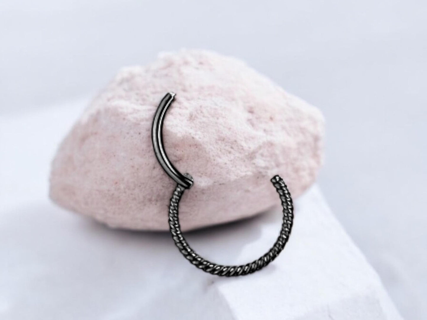 16g Black Septum Hoop Ring, Twisted Rope Style Hinged Hoop Segment Septum Clicker Ring Piercing, Nose Jewelry