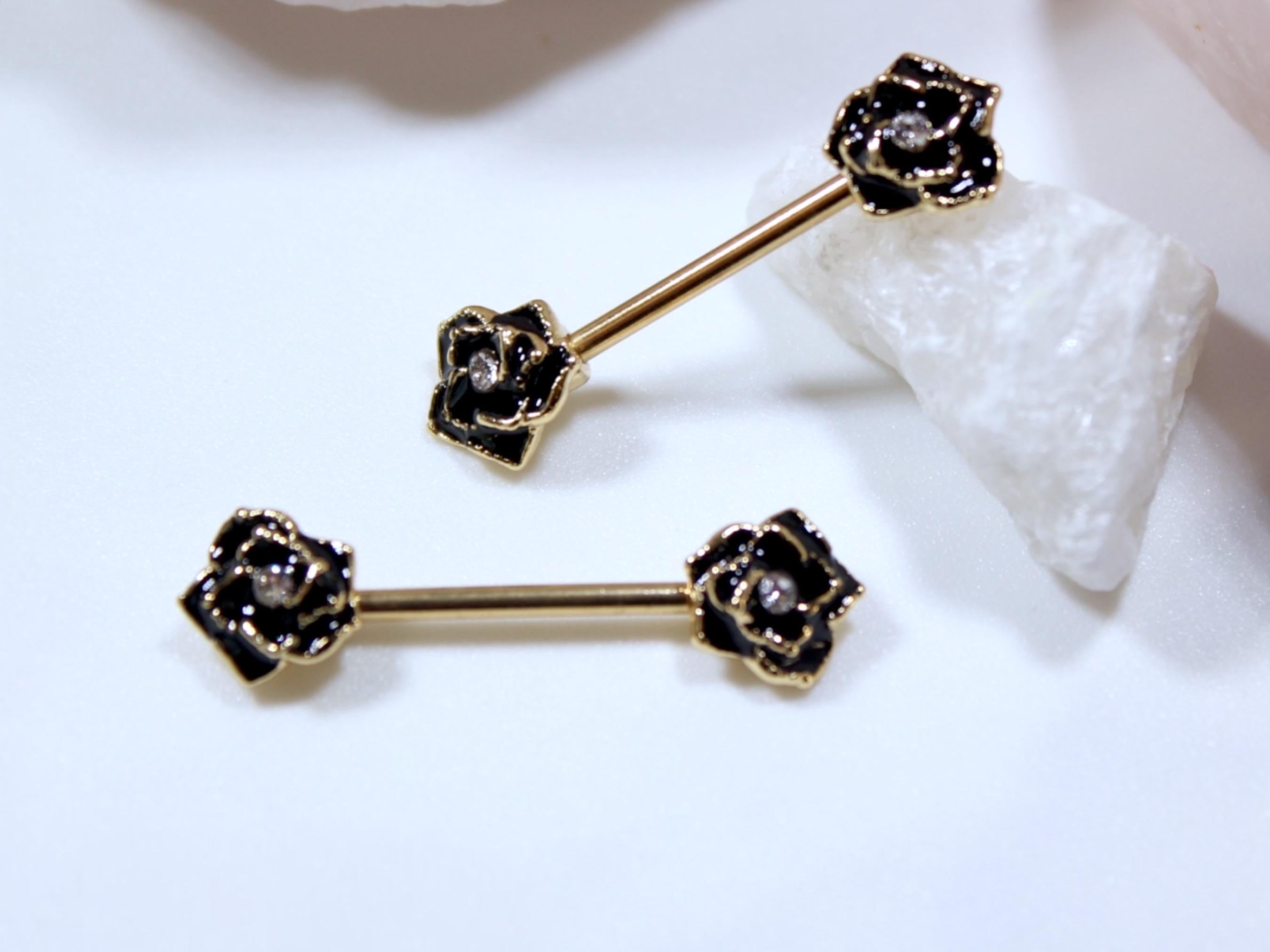 Black Rose Nipple Barbell Jewelry, 14g Rose Nipple Ring, Floral Nipple Piercing Jewelry, Personalized Body Jewelry