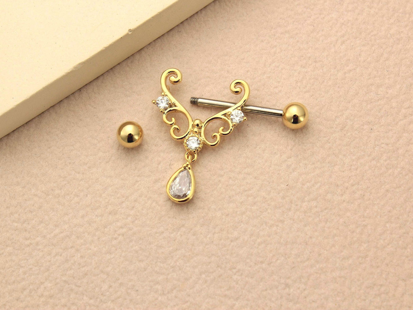 Gold Nipple Barbell Sheild, 14g Dangling Teardrop Heart Nipple Ring Jewelry , Pair of 2  Nipple Piercing, Gold Body Jewelry