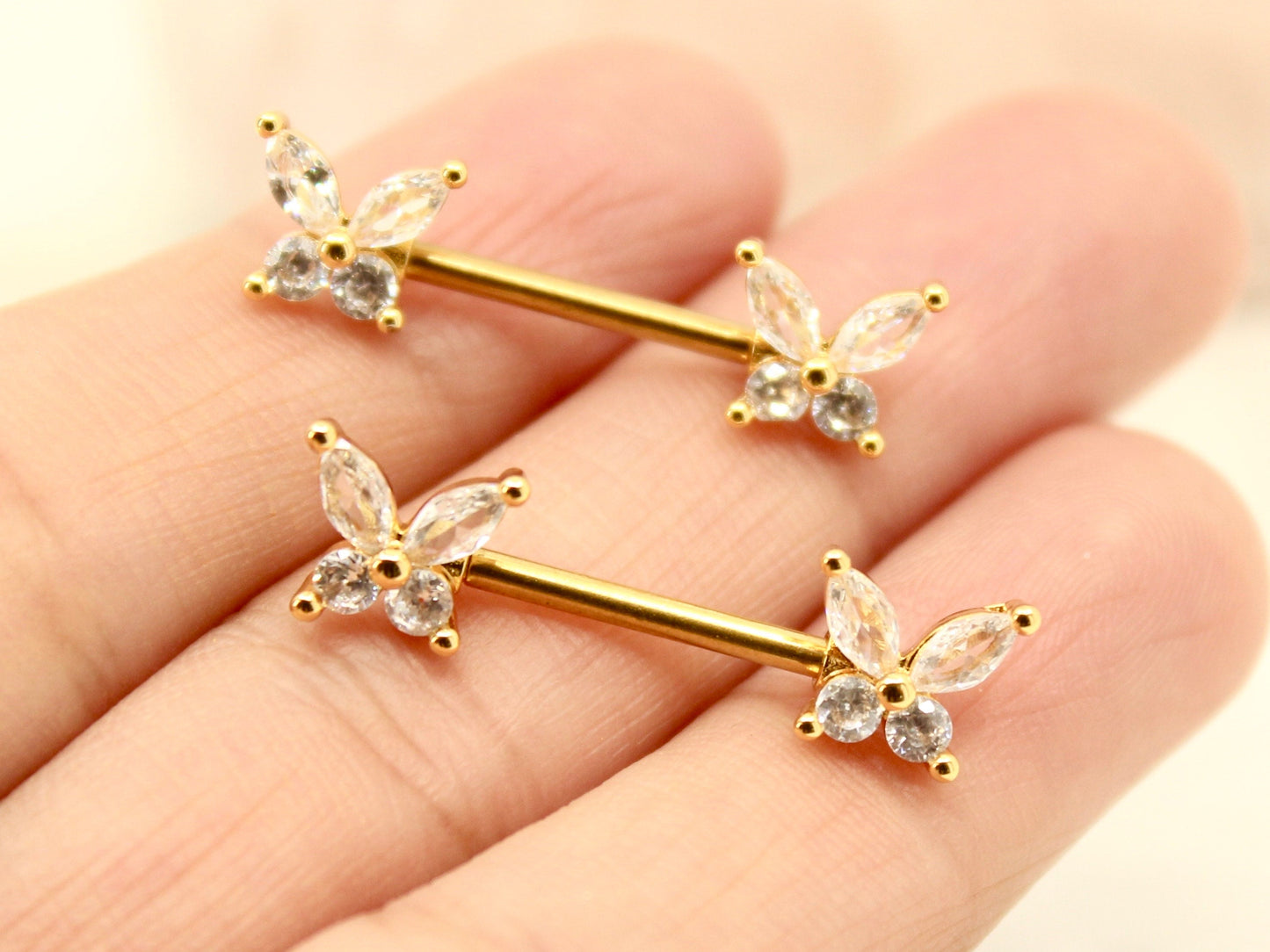 Gold Butterfly Nipple Ring, Marquise Gem Butterfly Nipple Piercing Barbell, 14g Gold Nipple Ring, Surgical Steel Body Jewelry
