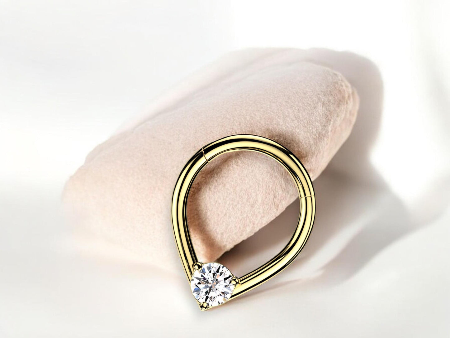 16g Gold Septum Clicker Ring, Teardrop Front CZ Stud Hinged Segment Hoop Ring, Dainty Septum Hoop Jewelry, Nose Piercing, Body Jewelry.