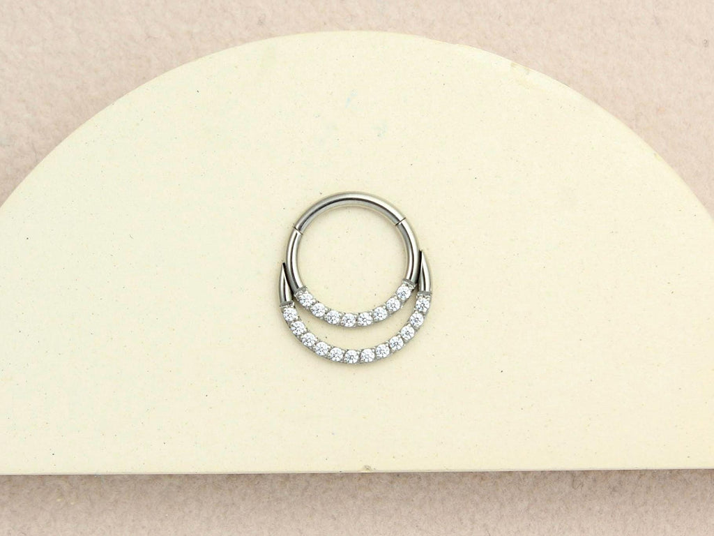 16G Septum Clicker Ring, Dainty Double Line Sparkle Gem Hinged Hoop Septum Piercing Jewelry, Nose Piercing Body Jewelry, Septum Ring