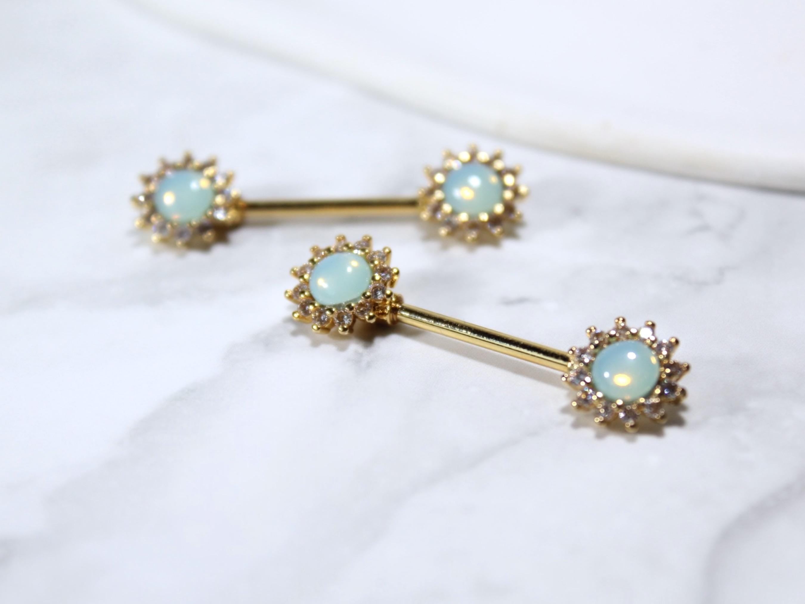 Green Opal Nipple Ring, 14G Dainty Opal Sun Nipple Piercing Jewelry, Gold Personalized Body Piercing Jewelry, Nipple Barbell Set of 2