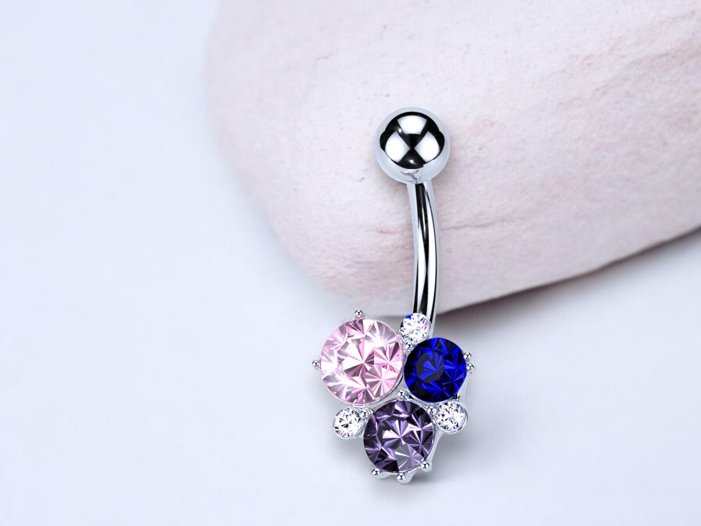 14g Silver Colorful Gem Belly Button Ring, Multicolor Gem Belly Piercing Ring Jewelry, Navel Piercing. Dainty Belly Ring