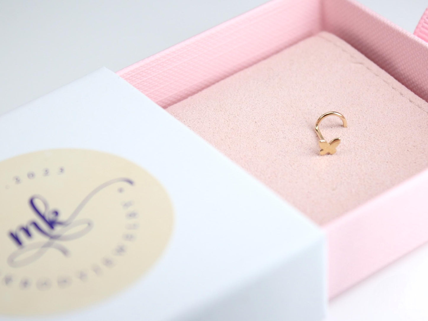 14K Solid Gold Butterfly Nose Stud, 20g Gold Corkscrew Nose Piercing, Dainty Gold Nose Jewelry, Minimalist Nose Piercing Ring Jewelry