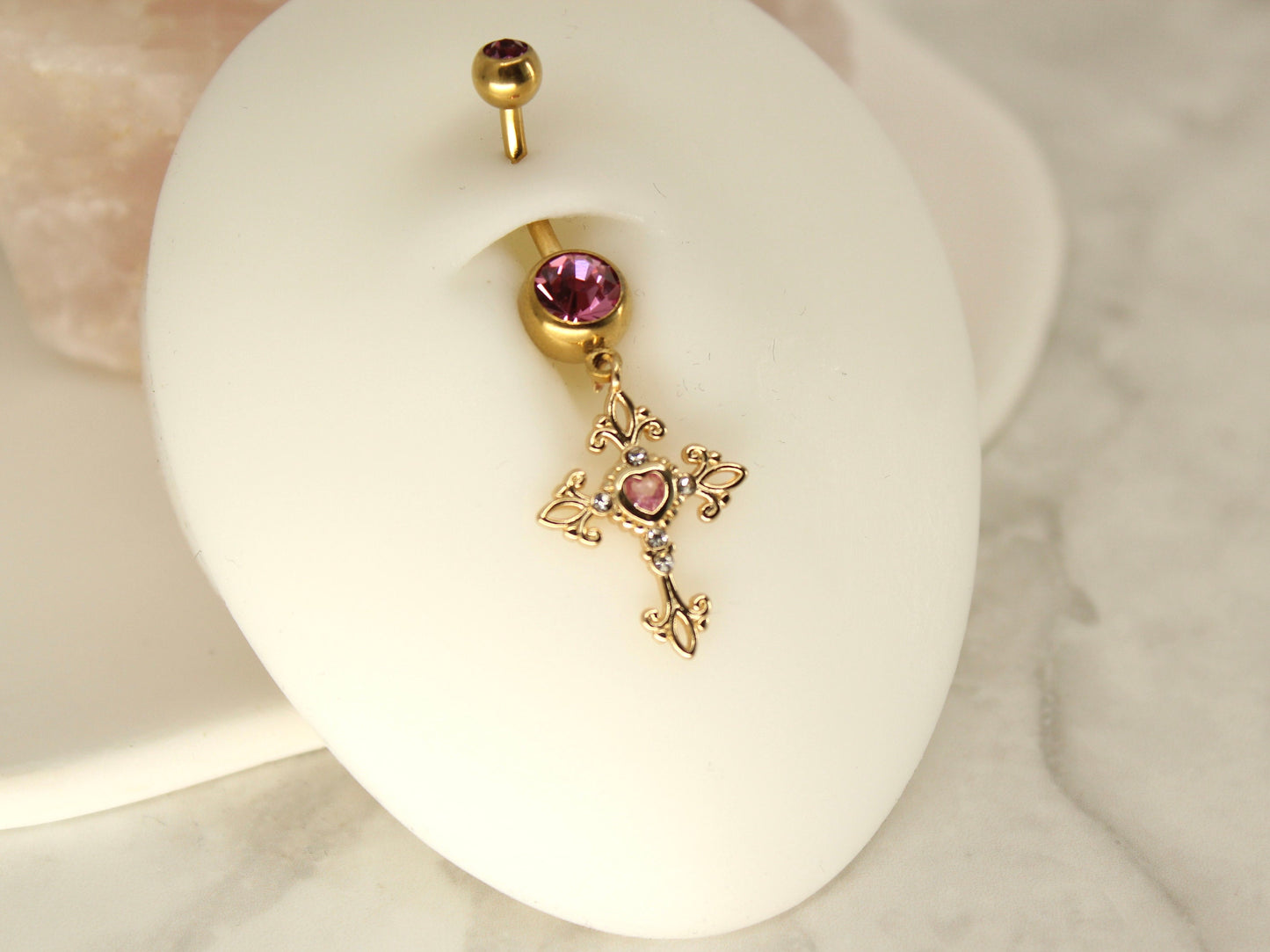 Cross Dangle Belly Ring, Hot Pink Gem Gold Dangling Cross Belly Button Ring Piercing Jewelry, Navel Ring Body Jewelry