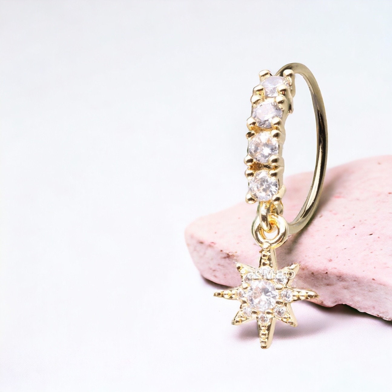 20g Gold Dangling Bendable Nose Ring. Floral decor charm nose stud ring. CZ nose ring.Nose Piercing Jewelry.