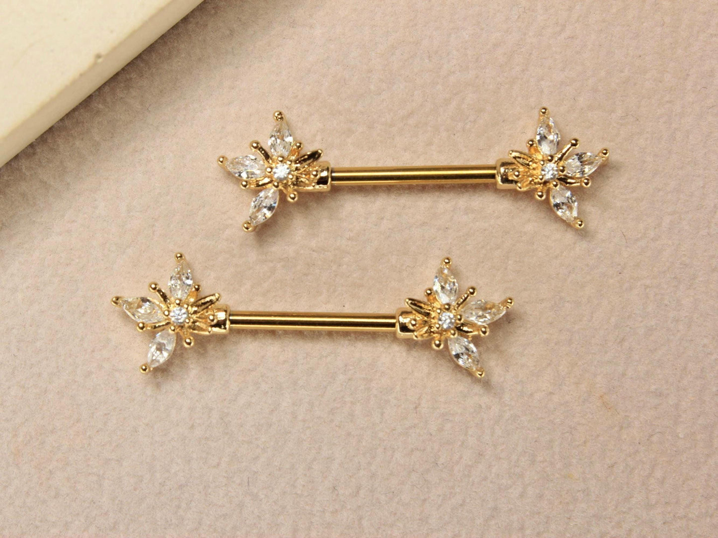 14G Gold Marquise Leaf Nipple Barbell, Pair of Floral Petal End Clear Gem Gold Nipple Piercing Jewelry, Body Piercing Jewelry,