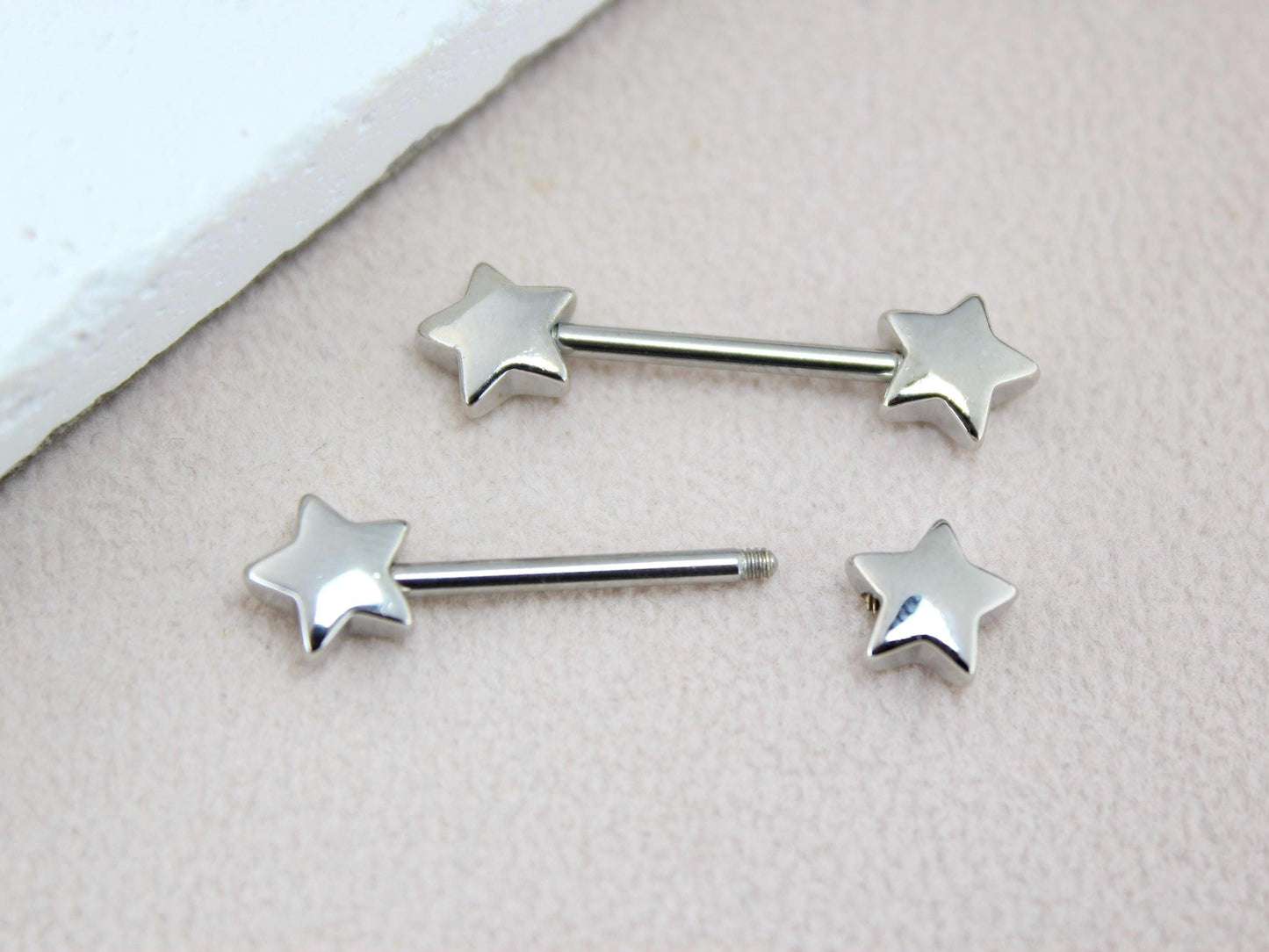 14G Silver Nipple Barbell, Star End Nipple Ring Piercing, Hypoallergenic Body Jewelry, Minimalist Nipple Piercing.