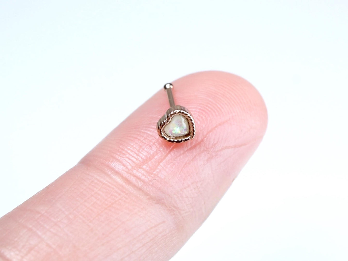 Rose Gold Heart Nose Stud, 20G Dainty White Opal Glitter Nose Bone Stud, Ball End Nose Piercing, Thin Nose Stud,  Nose Ring Jewelry