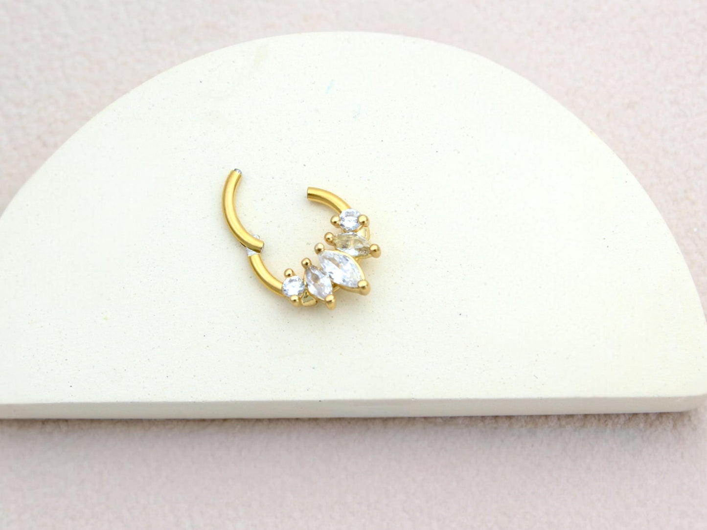 16G Gold Septum Clicker Ring, Dainty Gold Marquise Septum Hinged Hoop Ring, Gold Nose Piercing, Septum Piercing Jewelry