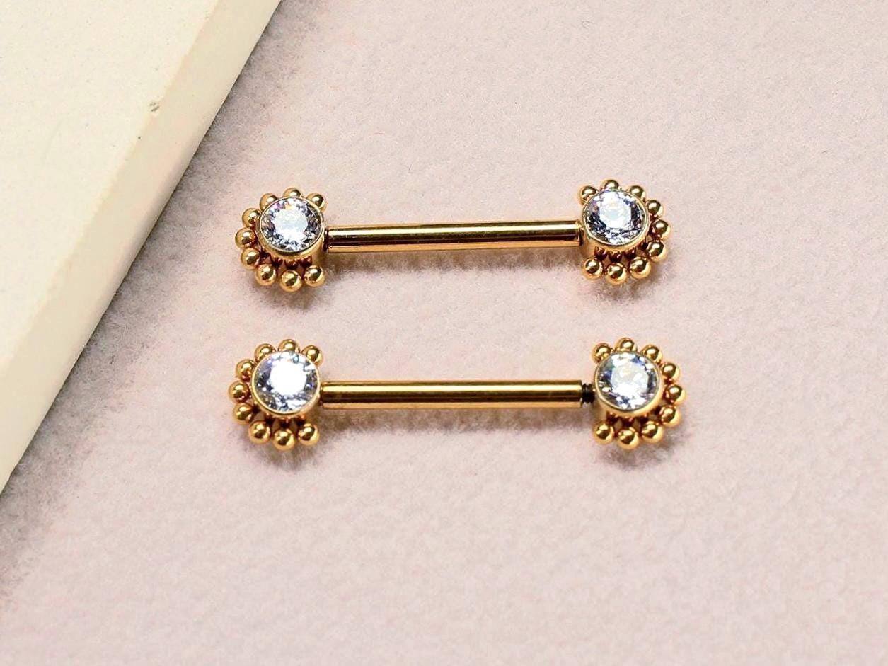 14G Gold Titanium Nipple Barbell, Internally Threaded Beaded Decor CZ Nipple Ring Piercing, Minimalist Body Jewelry