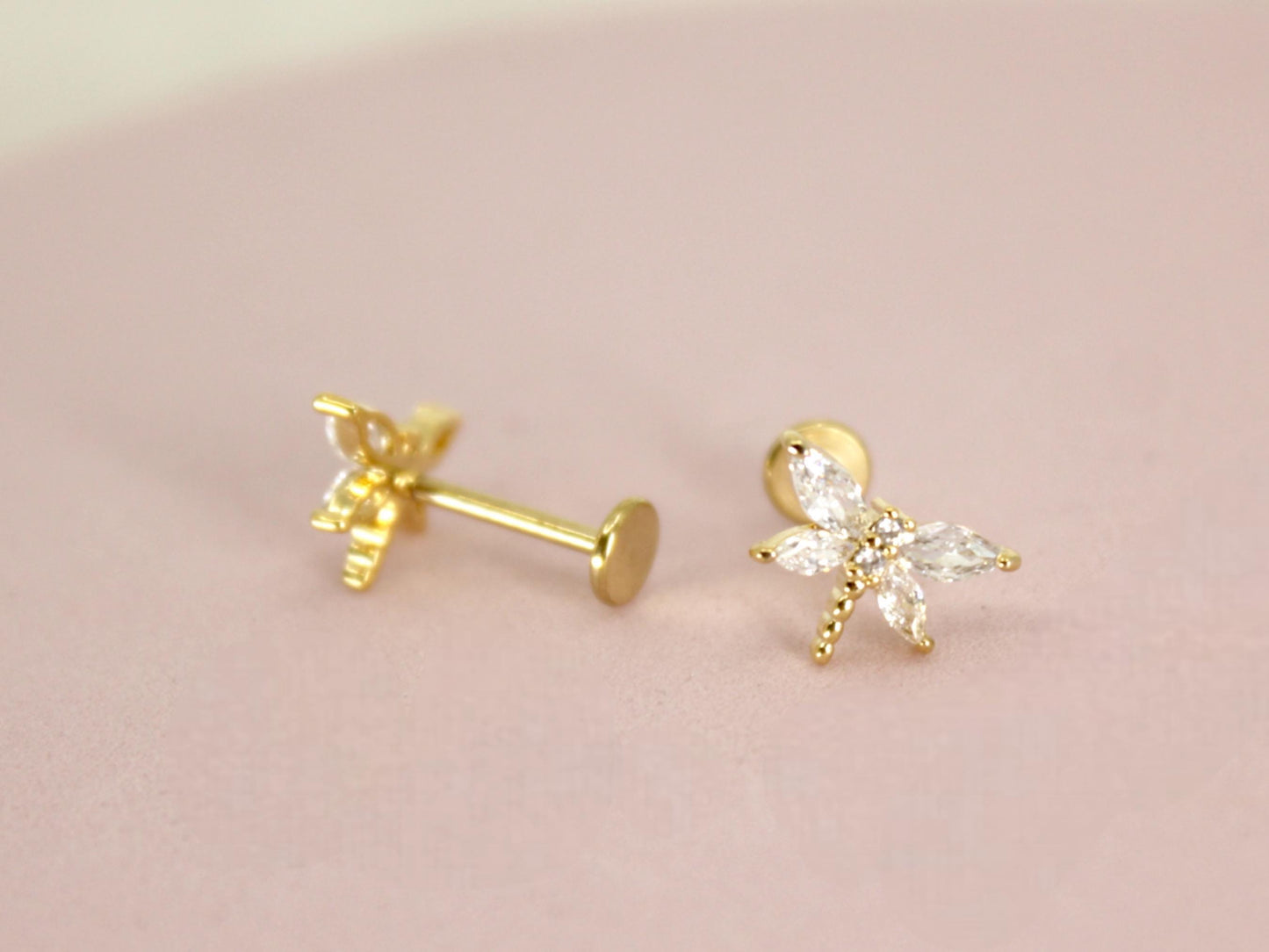 18G Dainty Dragonfly Push In Labret,Titanium Flat Back Stud, Gold Dragonfly Threadless Cartilage, Conch, Tragus Push in Stud.