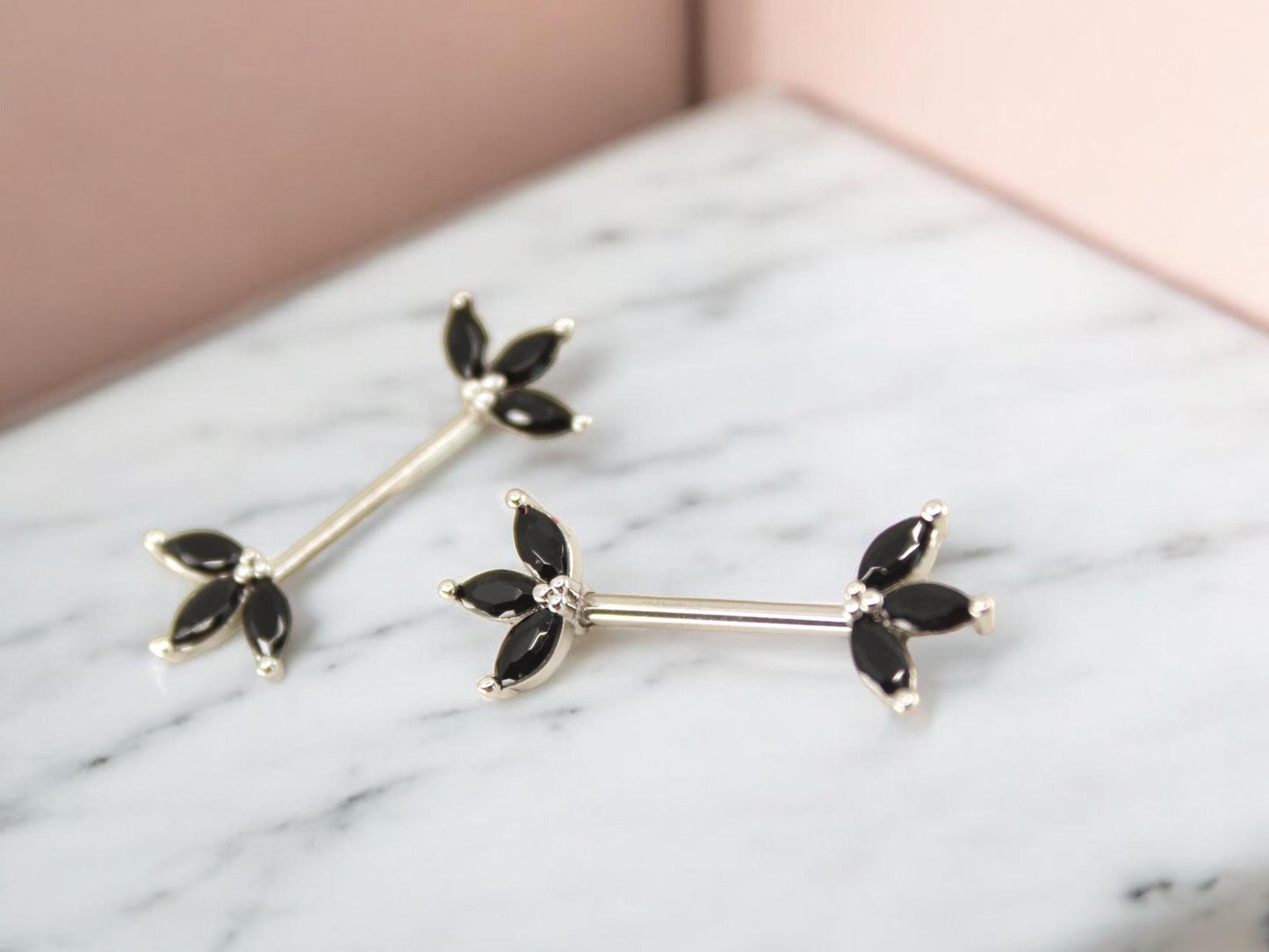 Black Marquise Leaf Nipple Barbell 14G – Floral Petal Black Nipple Rings, Surgical Steel Nipple Piercing Jewelry, Pair (Set of 2)