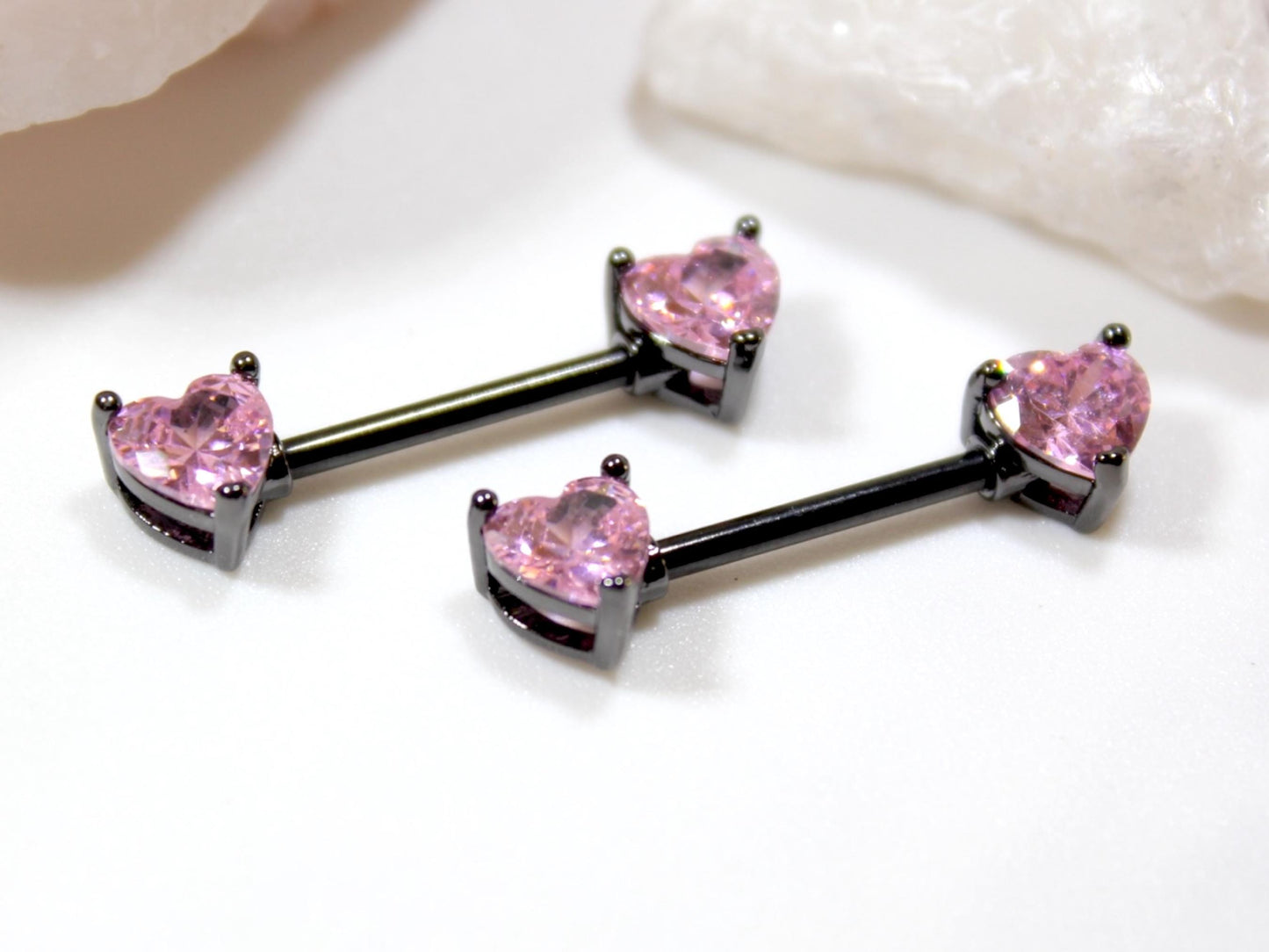 14g Heart Nipple Ring, Pink Heart Black Nipple Piercing Barbell, Personalized Body Piercing Jewelry Set of 2 Nipple Jewelry