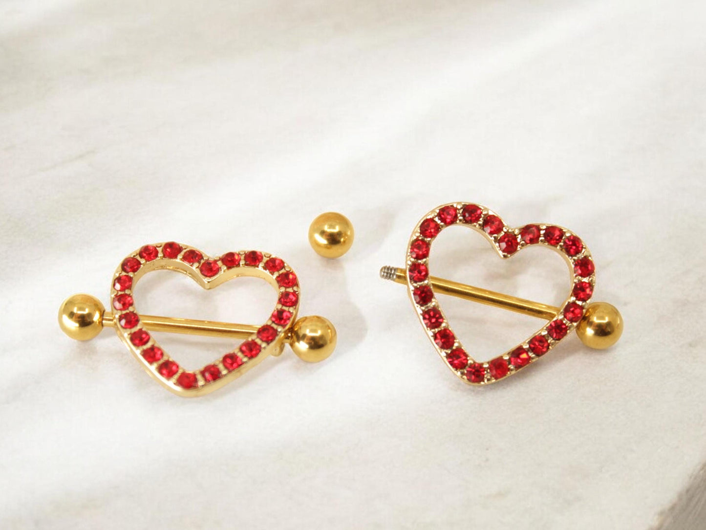 14g Red Heart Nipple Barbell, Gold Red Heart Sparkling Gems Nipple Shield Piercing Jewelry, Nipple Ring Body Piercing Jewelry,Valentine Gift