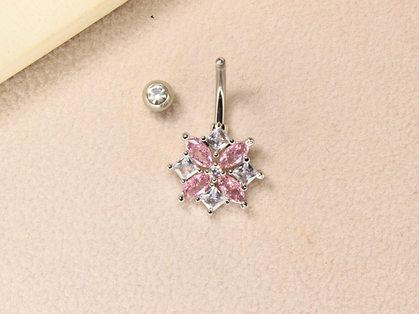 14G Floral Belly Ring, Dainty Pink Sparkling Clear Gem Belly Piercing, Navel Piercing Body Jewelry, Floating Navel Ring