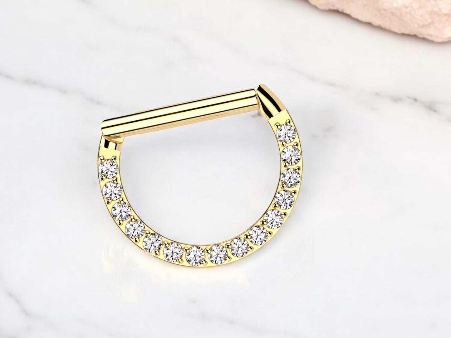 16g Dainty Titanium Gold Septum Hoop Ring, Single line Gems Minimal Look Septum Clicker Ring.