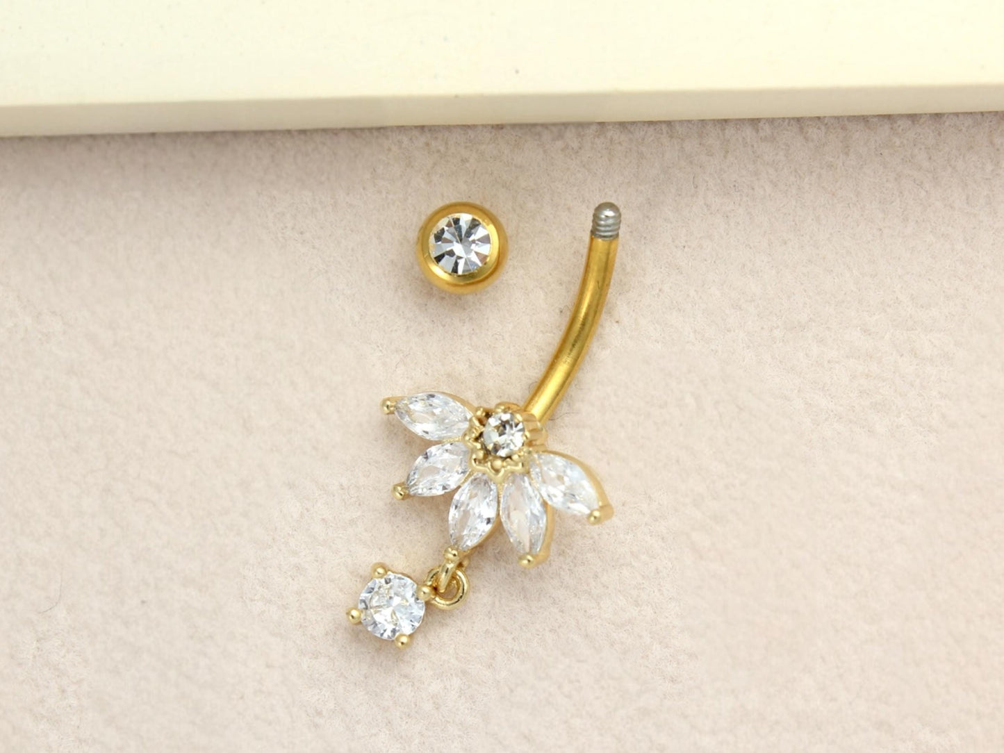Gold Floral CZ Dangling Belly Button Ring
