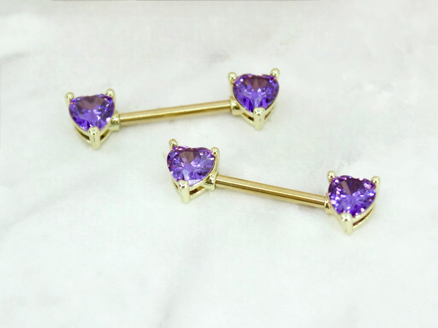 14G Purple Heart Nipple Barbell, Gold Purple heart shape Nipple piercing jewelry, Body Piercing Jewelry,