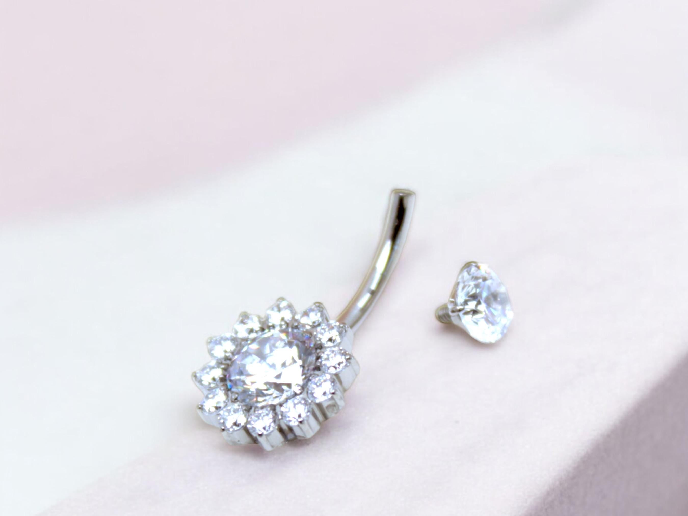 NEW • 14G Titanium Silver Belly Button Ring, Clear Sparkle Gem Floral Decor Belly Button Ring Piercing Jewelry, Navel Piercing Ring