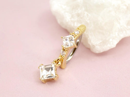 14g Dainty Gold Dangling Belly Button Ring, Minimalist Navel Piercing, Body Jewelry