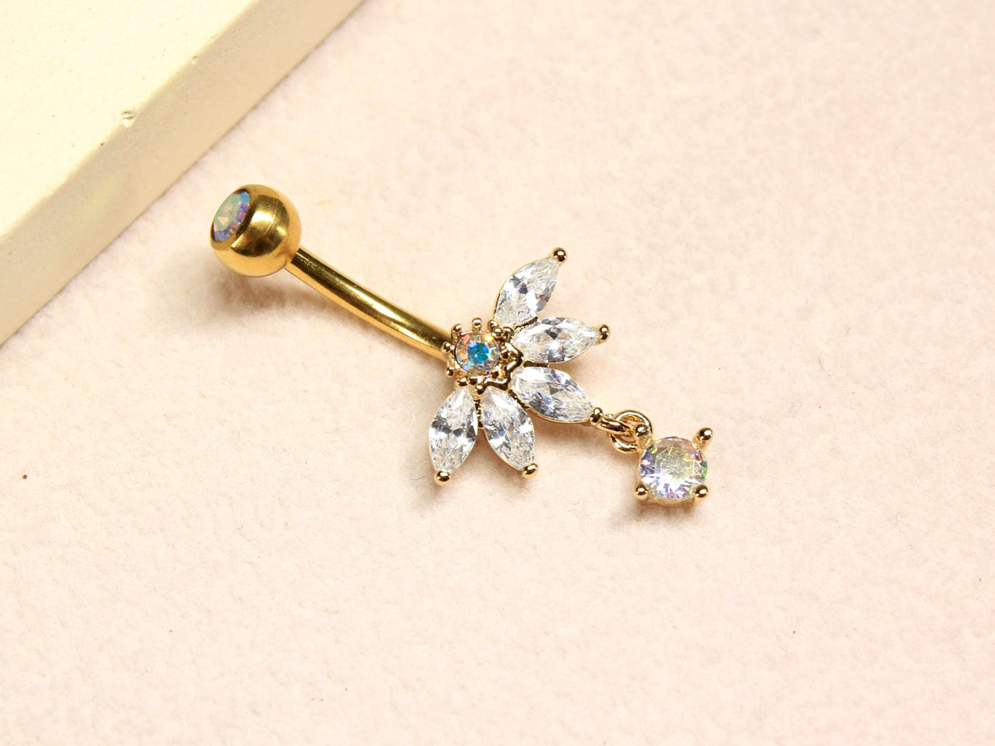 Gold Dangling Belly Button Ring, 14G Petal Leaf Decor Marquise Gemstone Belly Ring Piercing Jewelry, Gold Navel Piercing,Dainty Body Jewelry