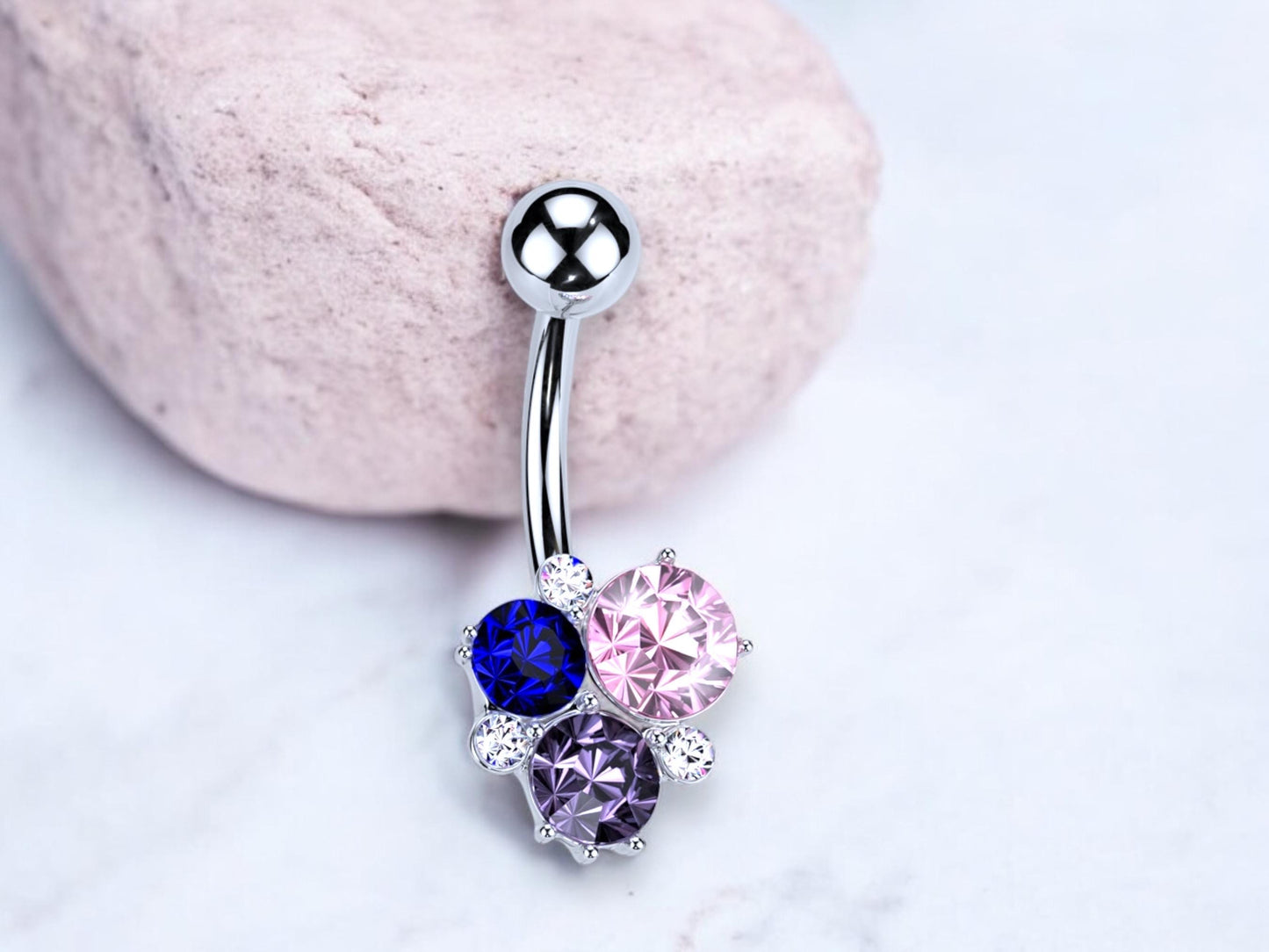 14g Silver Colorful Gem Belly Button Ring, Multicolor Gem Belly Piercing Ring Jewelry, Navel Piercing. Dainty Belly Ring
