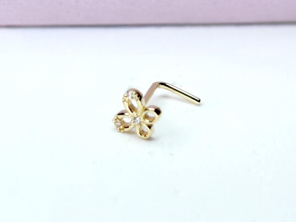 14k Gold Butterfly Nose Stud, Dainty Gold L Shape Sparkling Nose Ring Piercing, 20g Solid Yellow Gold Nose Jewelry, Minimalist Nose Jewelry