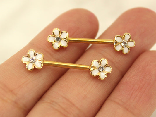 Daisy Nipple Ring, White Daisy Floral Decor Nipple Piercing Ring, 14g Gold Nipple Piercing Jewelry Barbell