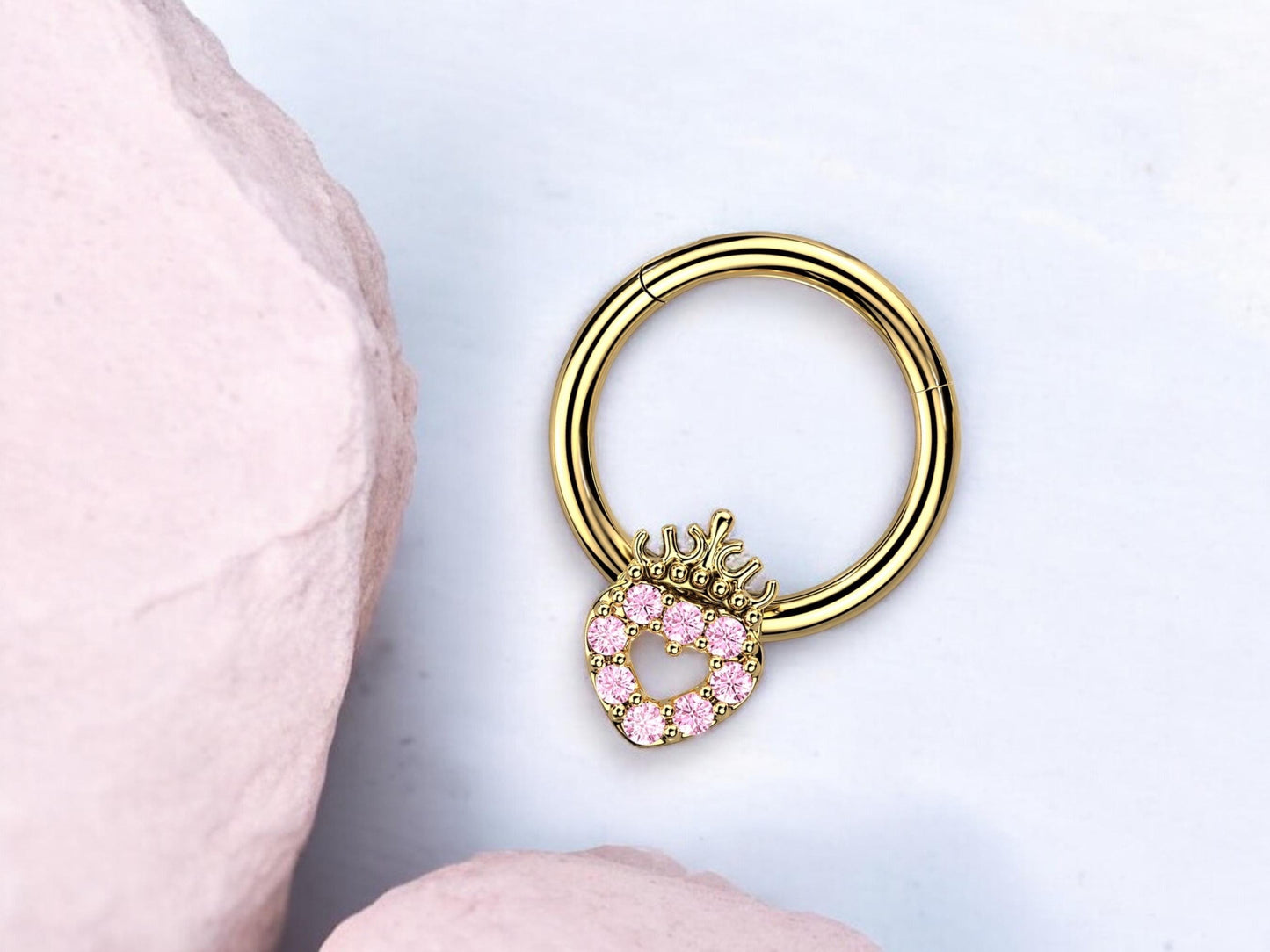 16g Gold Heart Septum Clicker Ring Hoop. Dainty Pink Sparkling Gems Crown Heart Front Facing Septum Piercing Ring Jewelry, Nose Jewelry