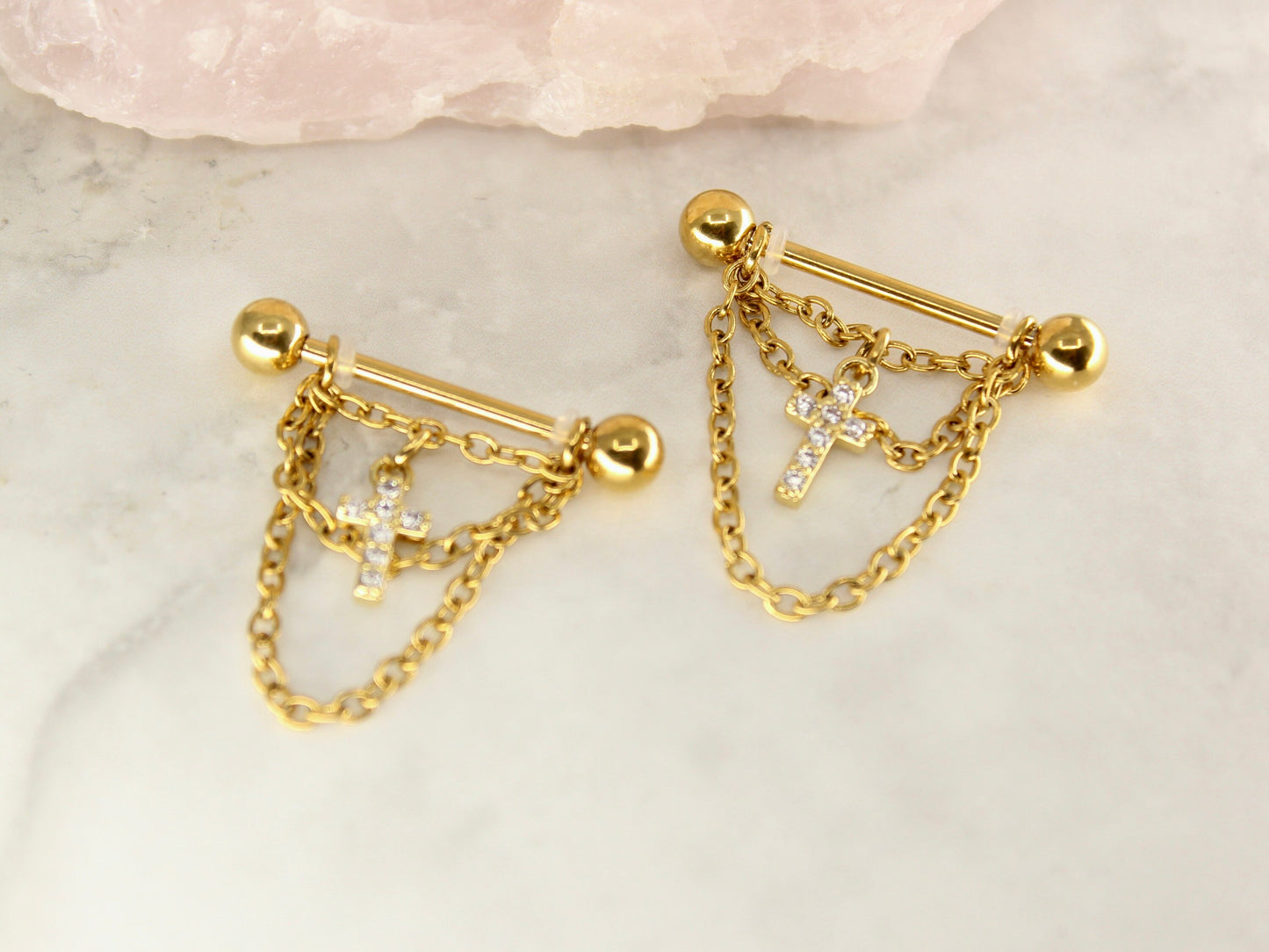 NEW • Gold Dangle Chain Nipple Ring, Cz Cross Dangle Chain Decor Nipple Piercing Barbell, 14g Gold Nipple Ring Body Jewelry