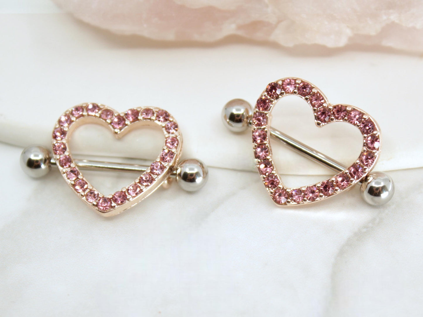 14g Pink Heart Nipple Barbell, Sparkling Gems RoseGold  Heart Nipple Shield Piercing Jewelry,  Set of 2 Nipple Ring Body Piercing Jewelry.