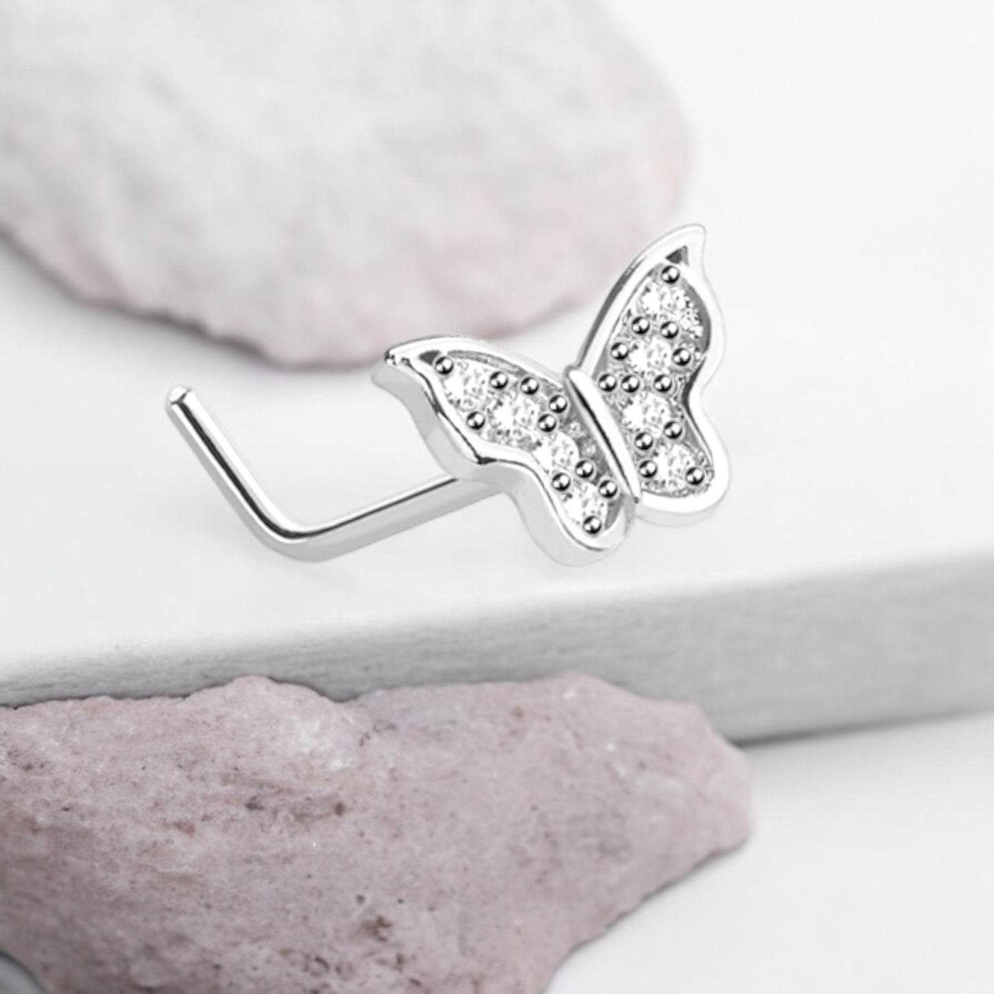 Gold Butterfly Nose Stud, 20g Dainty CZ Decor Butterfly Nose Piercing Body Jewelry, L shape Nose Piercing Ring, Thin Nose Stud Jewelry.
