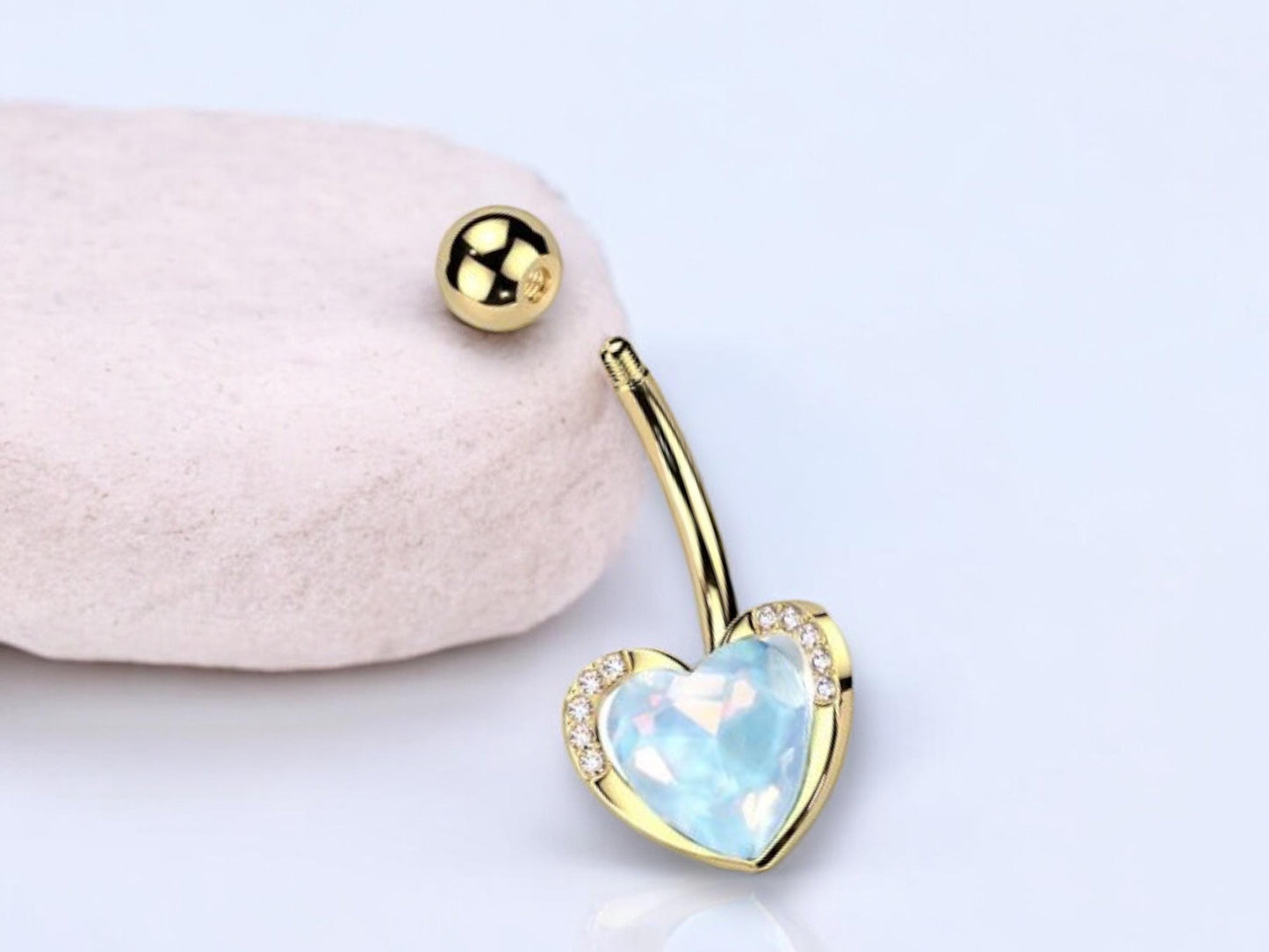 14G Gold Aqua CZ Heart Belly Button Ring – Paved Navel Jewelry