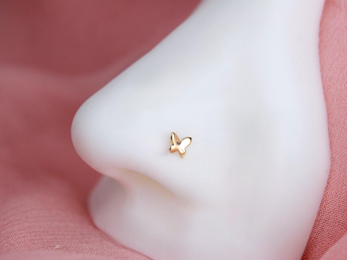 14K Solid Gold Butterfly Nose Stud, 20g Gold Corkscrew Nose Piercing, Dainty Gold Nose Jewelry, Minimalist Nose Piercing Ring Jewelry