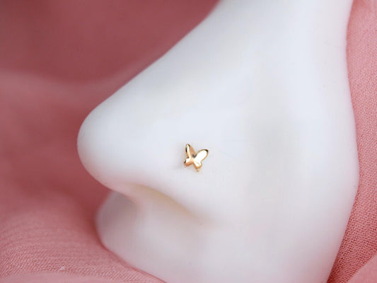 14K Solid Gold Butterfly Nose Stud, 20g Gold Corkscrew Nose Piercing, Dainty Gold Nose Jewelry, Minimalist Nose Piercing Ring Jewelry