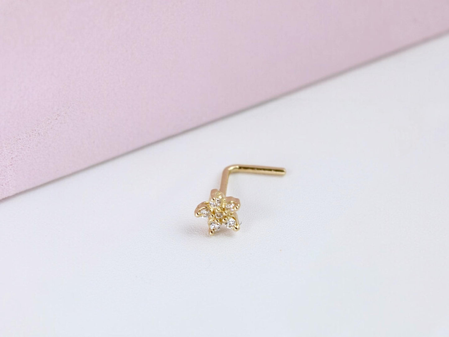 14k Gold Nose Ring, Solid Gold L Shape Corkscrew Nose Stud Jewelry, 20g Dainty Gold Flower Nose Ring, Nose Piercing Jewelry, Gold Nose Ring